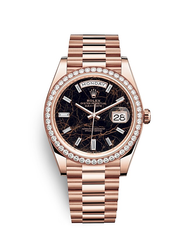 Rolex Day-Date | Day-Date 40 | Dark dial | Eisenkiesel dial | Diamond-Set Bezel | 18 ct Everose gold | Men Watch | Rolex Official Retailer - THE TIME PLACE SG