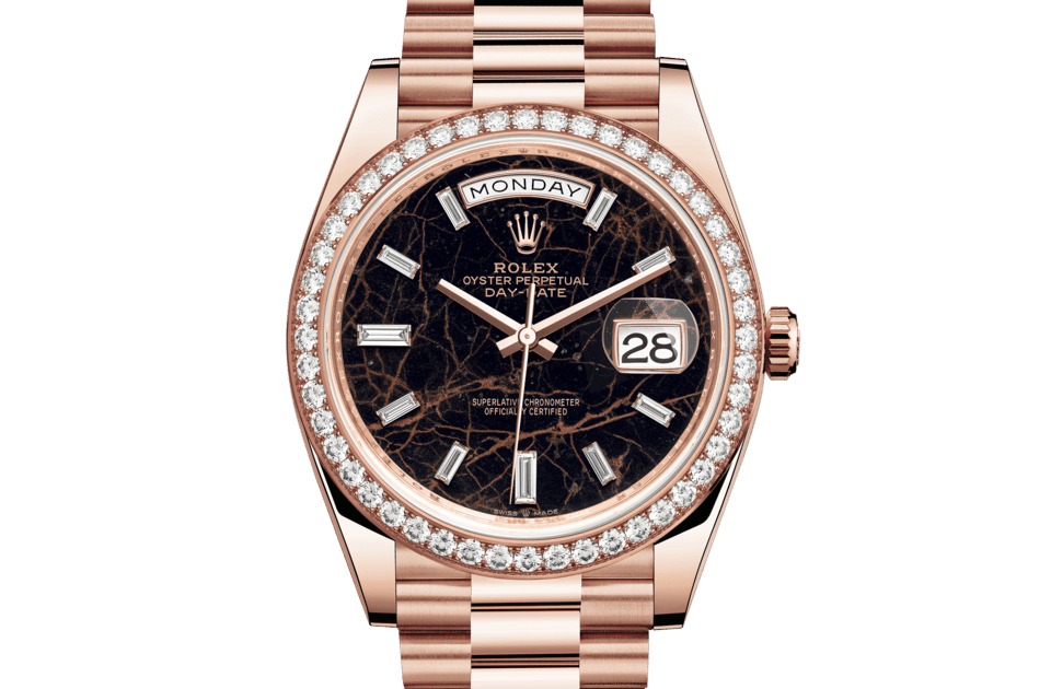 Rolex Day-Date | Day-Date 40 | Dark dial | Eisenkiesel dial | Diamond-Set Bezel | 18 ct Everose gold | Men Watch | Rolex Official Retailer - THE TIME PLACE SG