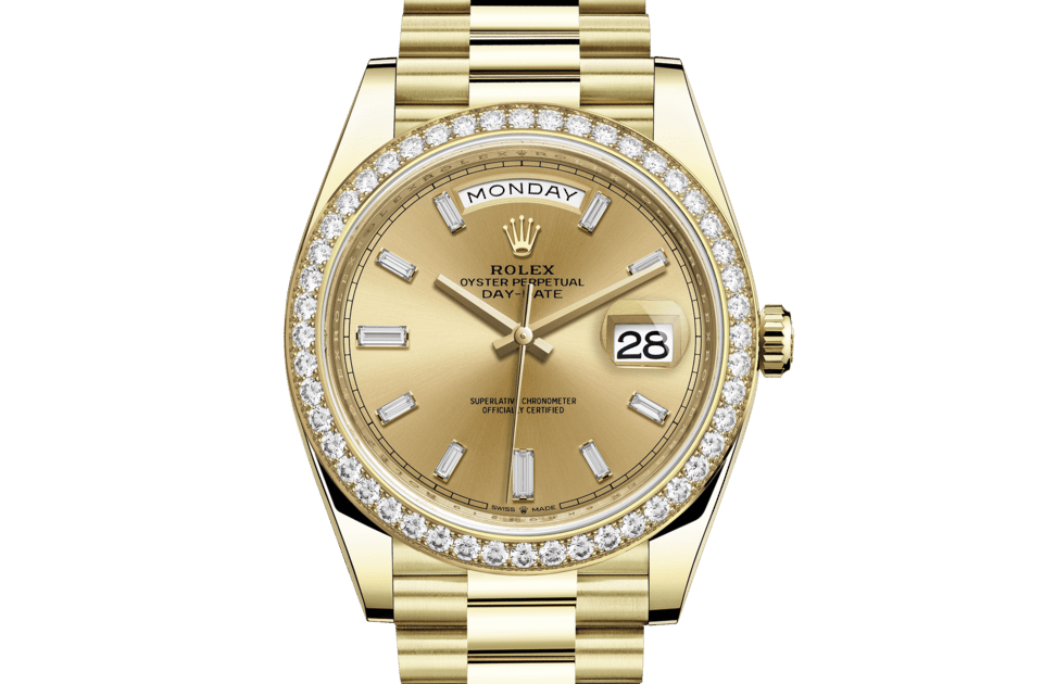 Rolex Day-Date | Day-Date 40 | Coloured dial | Champagne-colour dial | Diamond-Set Bezel | 18 ct yellow gold | Men Watch | Rolex Official Retailer - THE TIME PLACE SG