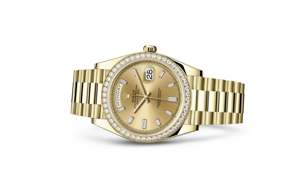 Rolex Day-Date | Day-Date 40 | Coloured dial | Champagne-colour dial | Diamond-Set Bezel | 18 ct yellow gold | Men Watch | Rolex Official Retailer - THE TIME PLACE SG