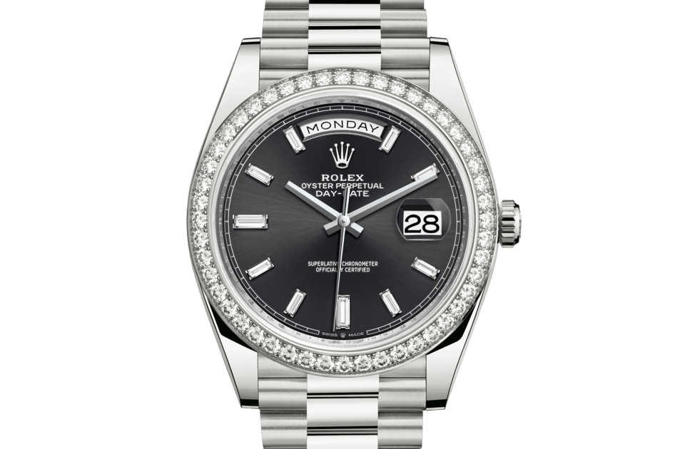 Rolex Day-Date | Day-Date 40 | Dark dial | Bright black dial | Diamond-Set Bezel | 18 ct white gold | Men Watch | Rolex Official Retailer - THE TIME PLACE SG