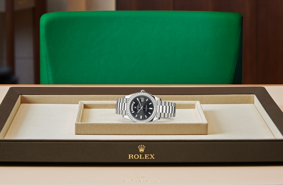 Rolex Day-Date | Day-Date 40 | Dark dial | Bright black dial | Diamond-Set Bezel | 18 ct white gold | Men Watch | Rolex Official Retailer - THE TIME PLACE SG
