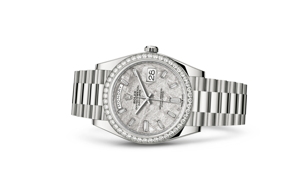 Rolex Day-Date | Day-Date 40 | Light dial | Meteorite dial | Diamond-Set Bezel | 18 ct white gold | Men Watch | Rolex Official Retailer - THE TIME PLACE SG