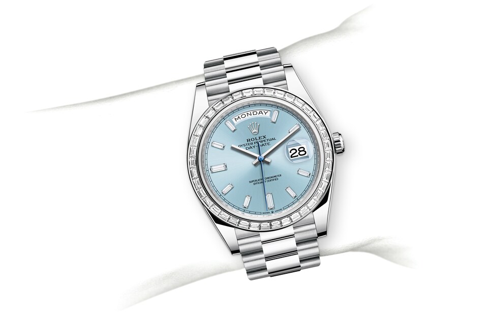 Rolex Day-Date | Day-Date 40 | Coloured dial | Ice-Blue Dial | Diamond-Set Bezel | Platinum | Men Watch | Rolex Official Retailer - THE TIME PLACE SG