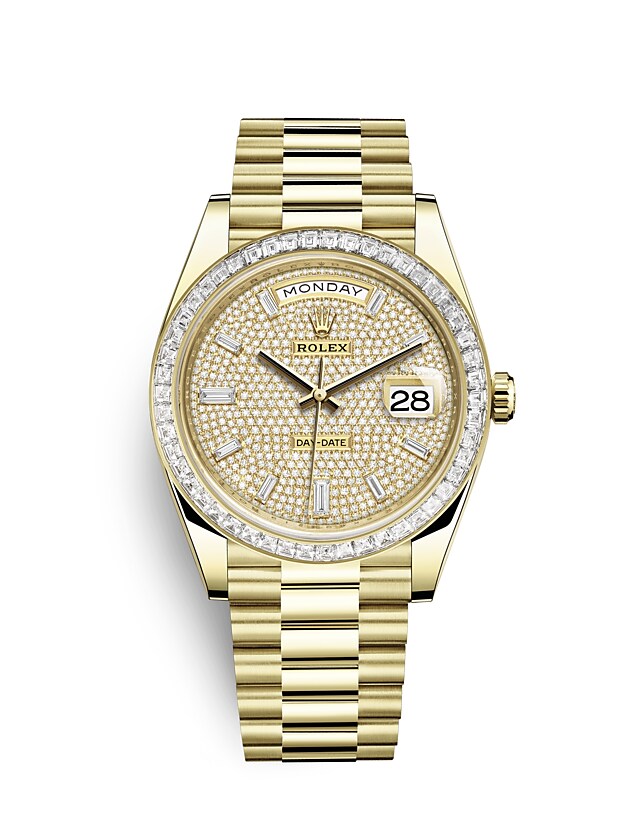 Rolex Day-Date | Day-Date 40 | Diamond paved dial | Diamond-Paved Dial | Diamond-Set Bezel | 18 ct yellow gold | Men Watch | Rolex Official Retailer - THE TIME PLACE SG