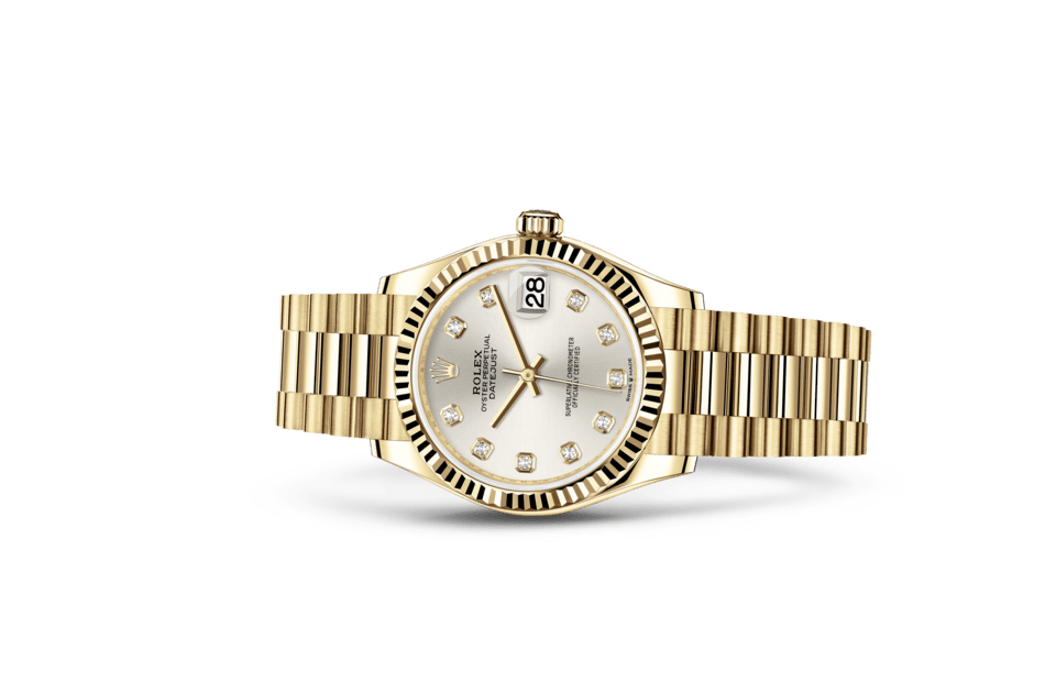 Rolex Datejust | Datejust 31 | Gem-set dial | Silver dial | The Fluted Bezel | 18 ct yellow gold | Women Watch | Rolex Official Retailer - THE TIME PLACE SG