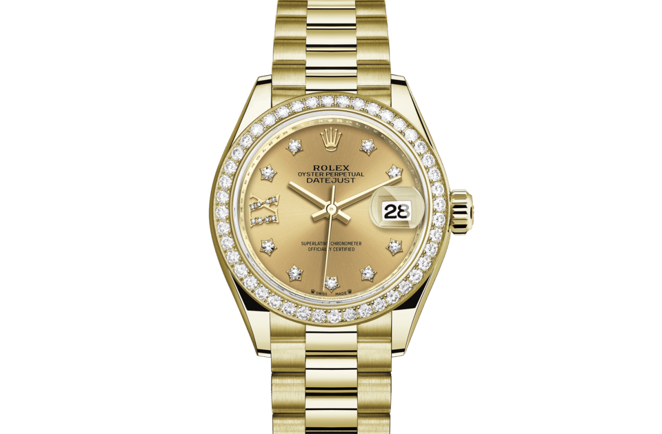 Rolex Lady-Datejust | Lady-Datejust | Coloured dial | Champagne-colour dial | Diamond-Set Bezel | 18 ct yellow gold | Women Watch | Rolex Official Retailer - THE TIME PLACE SG