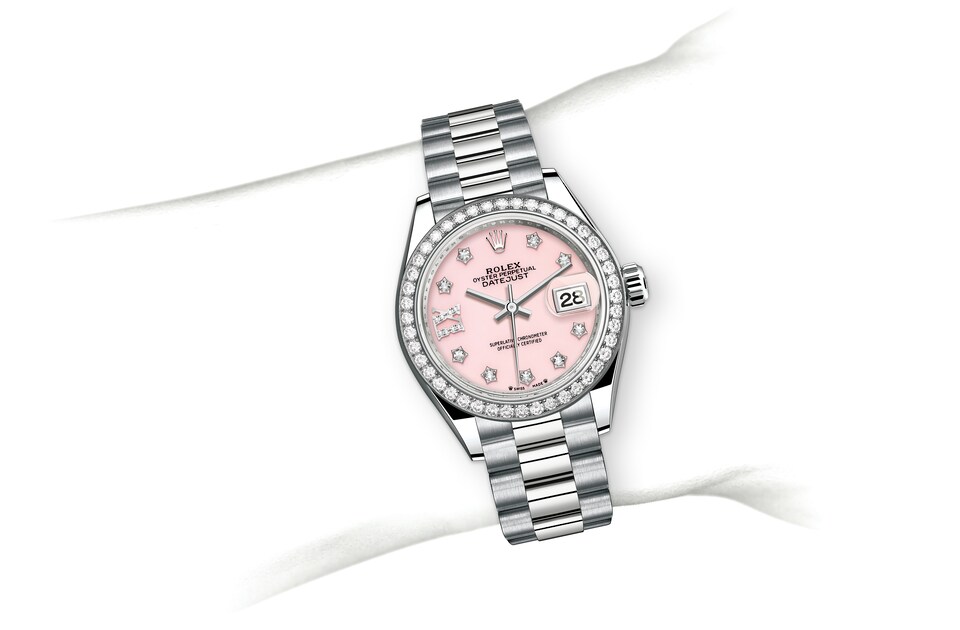 Rolex Lady-Datejust | Lady-Datejust | Coloured dial | Pink opal dial | Diamond-Set Bezel | 18 ct white gold | Women Watch | Rolex Official Retailer - THE TIME PLACE SG