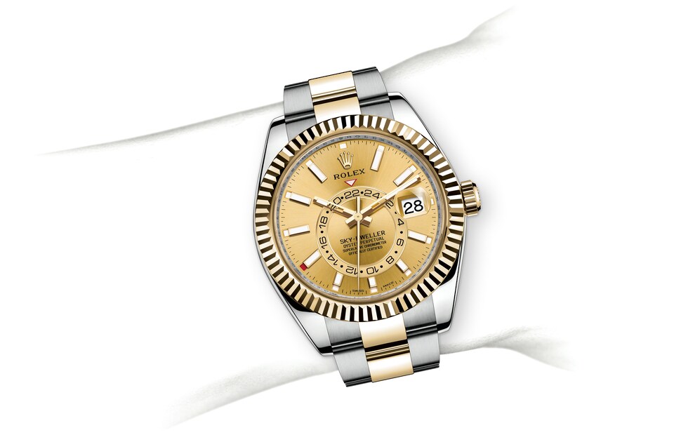 Rolex Sky-Dweller | Sky-Dweller | Coloured dial | Champagne-colour dial | The Fluted Bezel | Yellow Rolesor | Men Watch | Rolex Official Retailer - THE TIME PLACE SG