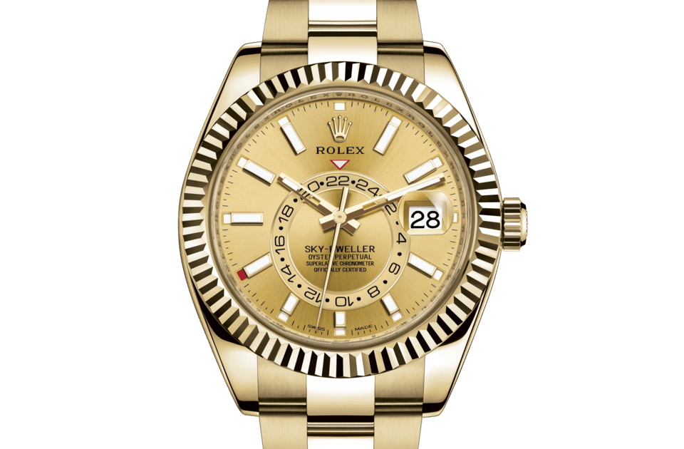 Rolex Sky-Dweller | Sky-Dweller | Coloured dial | Champagne-colour dial | The Fluted Bezel | 18 ct yellow gold | Men Watch | Rolex Official Retailer - THE TIME PLACE SG