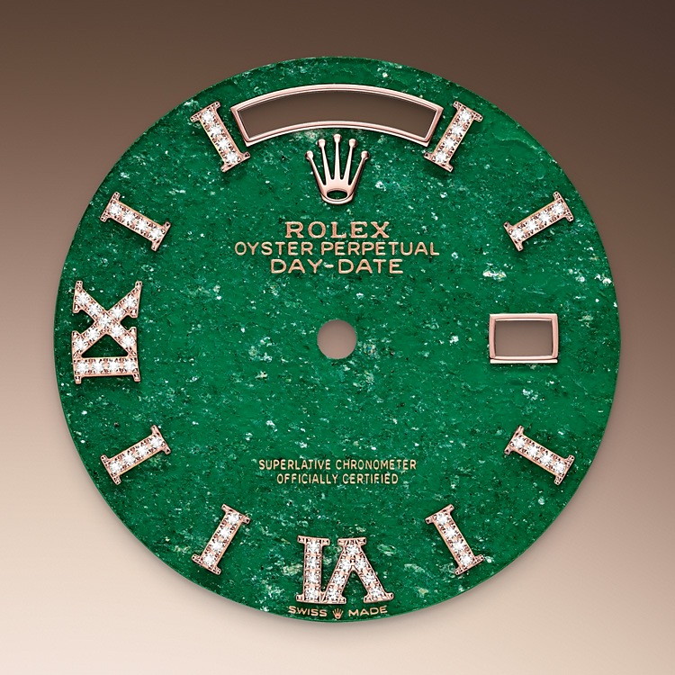 Rolex Day-Date | Day-Date 36 | Gem-set dial | Green aventurine dial | Diamond-set bezel | 18 ct Everose gold | Women Watch | Rolex Official Retailer - THE TIME PLACE SG