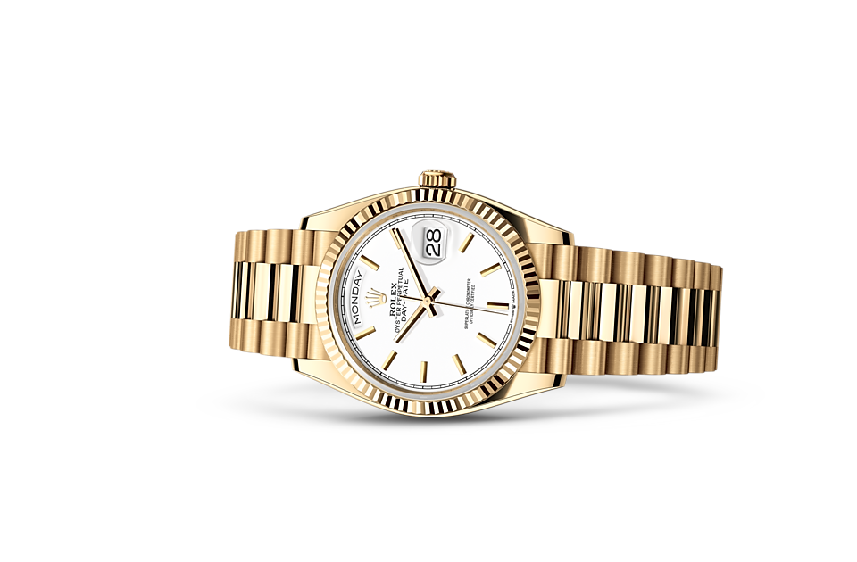Rolex Day-Date | Day-Date 36 | Light dial | Fluted bezel | White dial | 18 ct yellow gold | Men Watch | Rolex Official Retailer - THE TIME PLACE SG