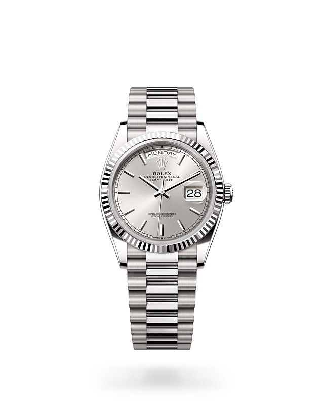 Rolex Day-Date | Day-Date 36 | Light dial | Fluted bezel | Silver dial | 18 ct white gold | Men Watch | Rolex Official Retailer - THE TIME PLACE SG