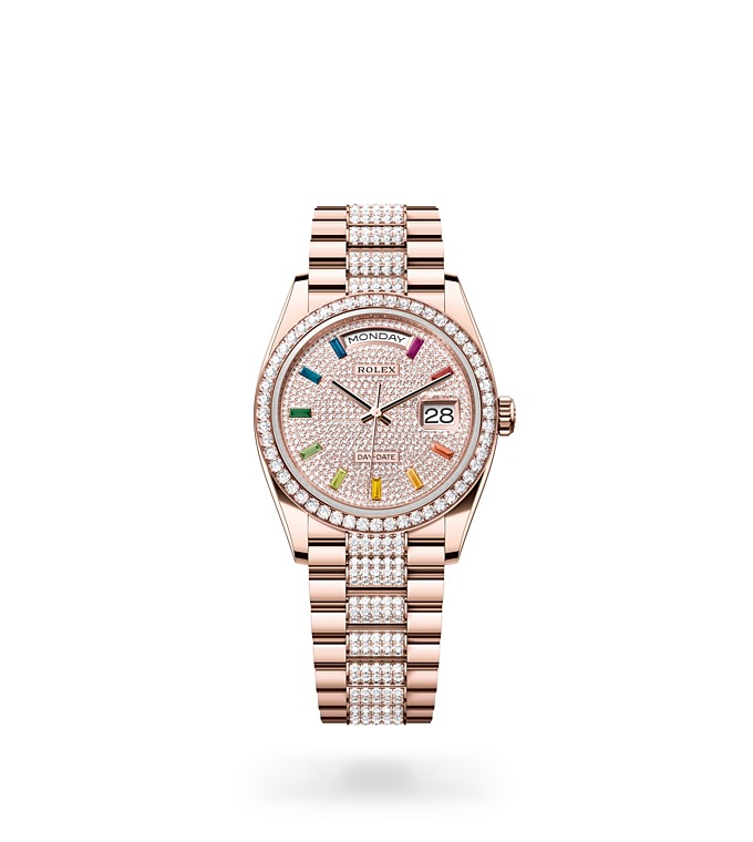 Rolex Day-Date | Day-Date 36 | Diamond paved dial | Diamond-Paved Dial | Diamond-set bezel | 18 ct Everose gold | Women Watch | Rolex Official Retailer - THE TIME PLACE SG