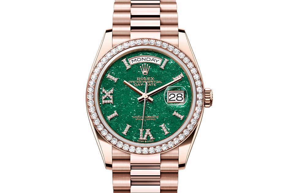 Rolex Day-Date | Day-Date 36 | Gem-set dial | Green aventurine dial | Diamond-set bezel | 18 ct Everose gold | Women Watch | Rolex Official Retailer - THE TIME PLACE SG