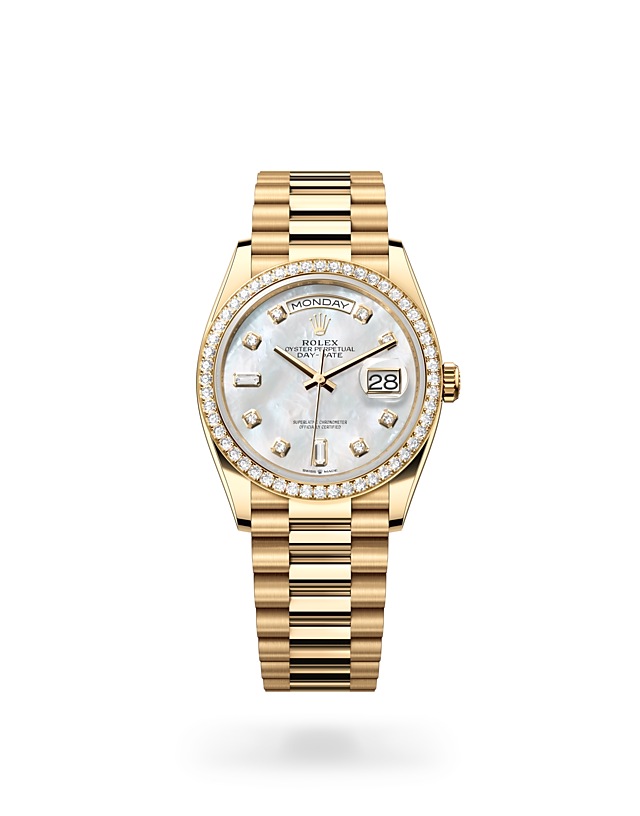 Rolex Day-Date | Day-Date 36 | Light dial | Mother-of-Pearl Dial | Diamond-set bezel | 18 ct yellow gold | Women Watch | Rolex Official Retailer - THE TIME PLACE SG