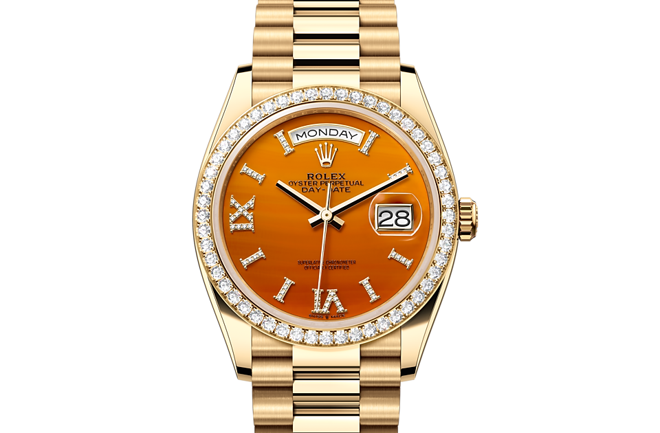 Rolex Day-Date | Day-Date 36 | Gem-set dial | Carnelian dial | Diamond-set bezel | 18 ct yellow gold | Women Watch | Rolex Official Retailer - THE TIME PLACE SG