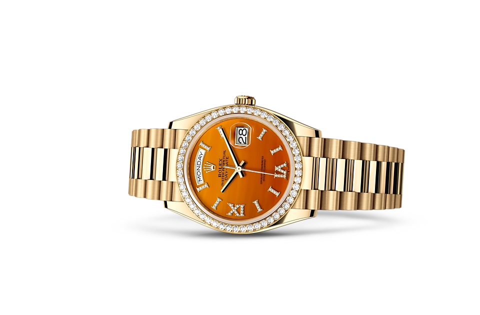 Rolex Day-Date | Day-Date 36 | Gem-set dial | Carnelian dial | Diamond-set bezel | 18 ct yellow gold | Women Watch | Rolex Official Retailer - THE TIME PLACE SG