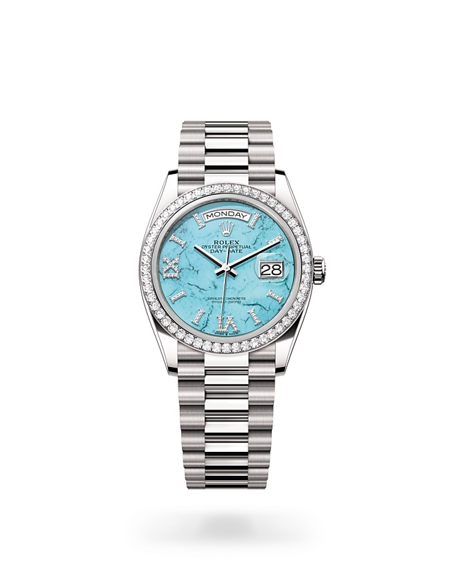 Rolex Day-Date | Day-Date 36 | Gem-set dial | Turquoise Dial | Diamond-set bezel | 18 ct white gold | Women Watch | Rolex Official Retailer - THE TIME PLACE SG