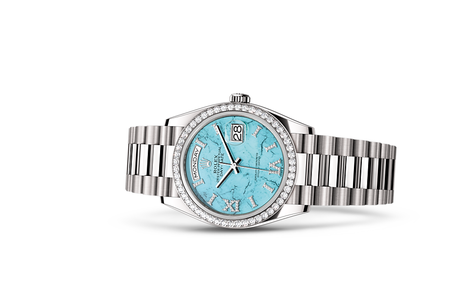 Rolex Day-Date | Day-Date 36 | Gem-set dial | Turquoise Dial | Diamond-set bezel | 18 ct white gold | Women Watch | Rolex Official Retailer - THE TIME PLACE SG