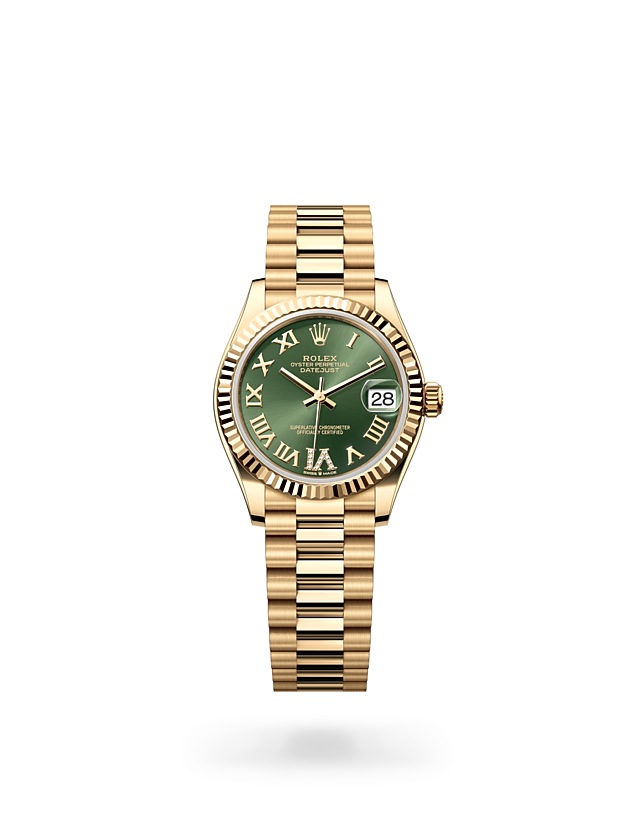 Rolex Datejust | Datejust 31 | Gem-set dial | Olive-Green Dial | Fluted bezel | 18 ct yellow gold | Women Watch | Rolex Official Retailer - THE TIME PLACE SG