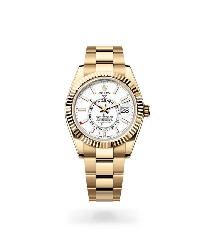 Rolex Sky-Dweller | Sky-Dweller | Light dial | Intense white dial | The Fluted Bezel | 18 ct yellow gold | Men Watch | Rolex Official Retailer - THE TIME PLACE SG