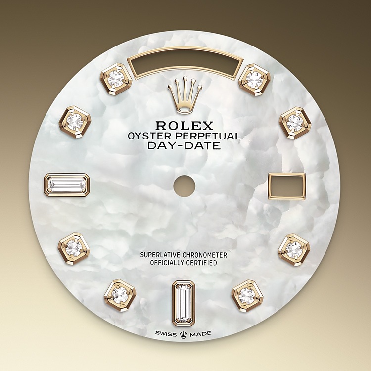 Rolex Day-Date | Day-Date 36 | Light dial | Mother-of-Pearl Dial | Diamond-set bezel | 18 ct yellow gold | Women Watch | Rolex Official Retailer - THE TIME PLACE SG